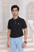 Black short-sleeve polo shirt with button placket and chest logo