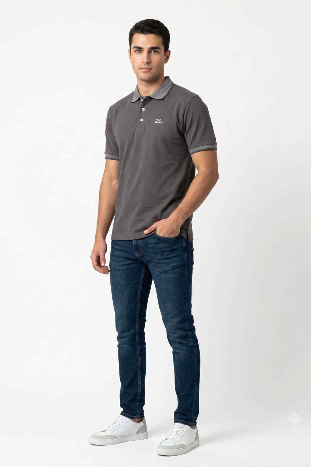 Men's charcoal polo shirt with buttoned collar and short sleeves