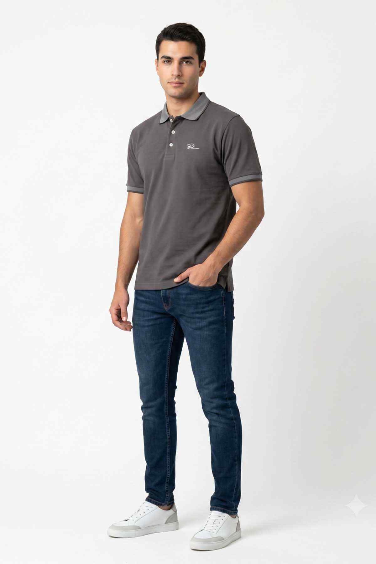 Men's charcoal polo shirt with buttoned collar and short sleeves