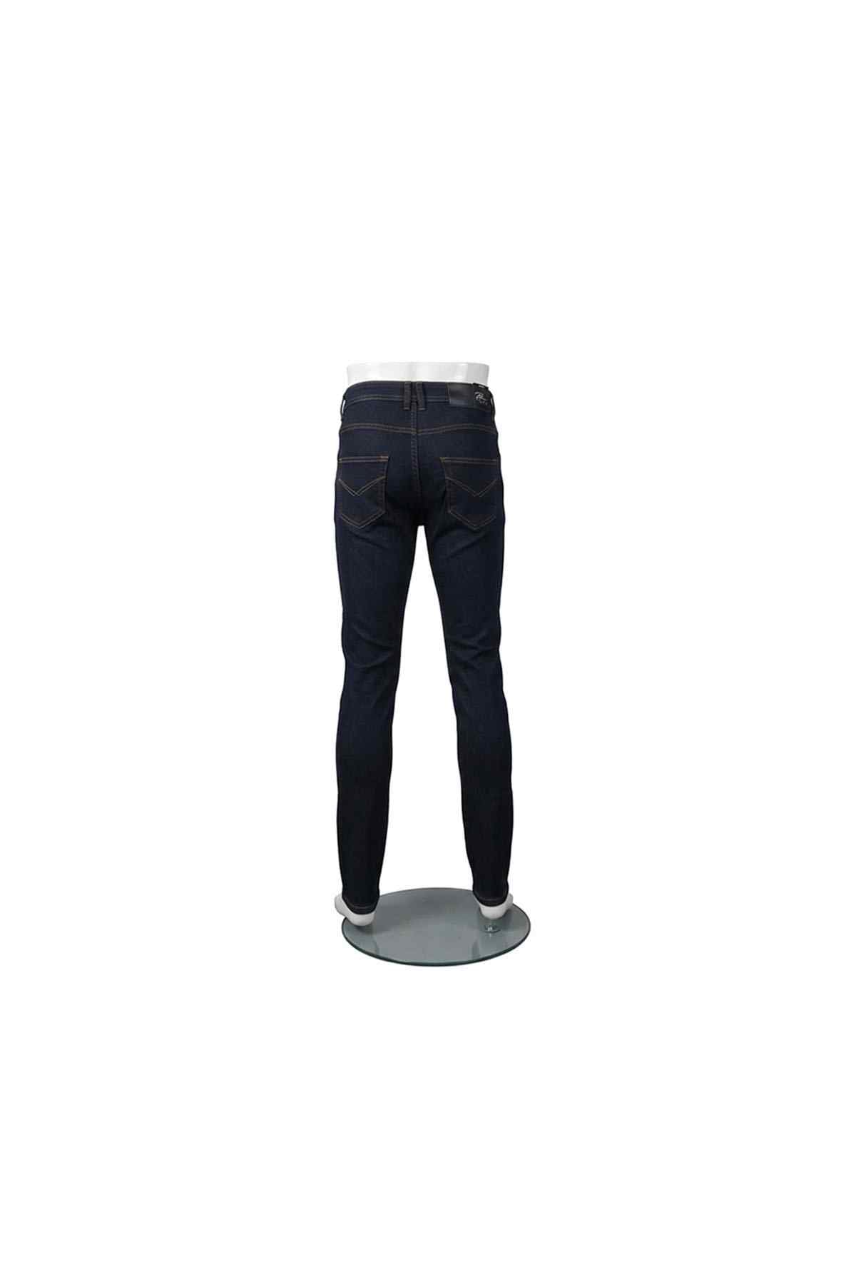 Dark blue denim jeans back view with two back pockets and belt loops